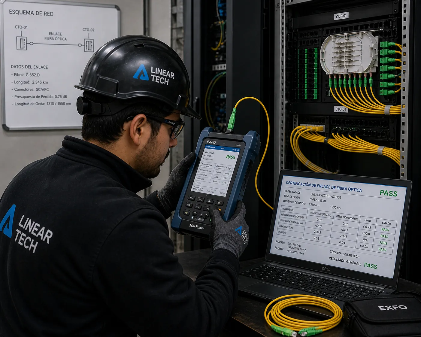 Certificación de enlace de fibra óptica con equipo de medición